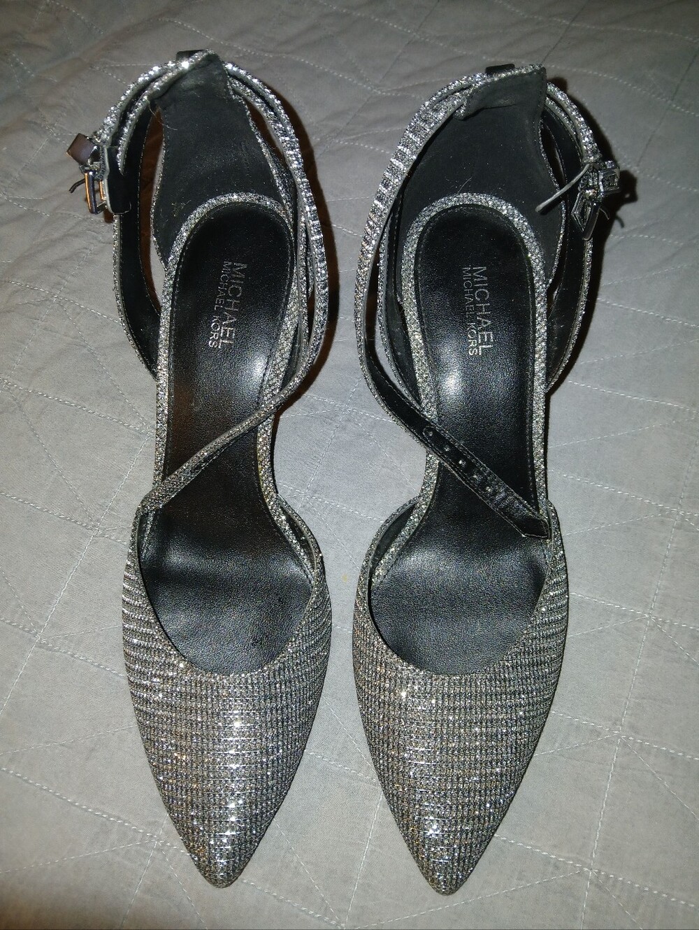 MICHAEL Michael Kors Sparkling Silver Pointed Toe Ankle-Strap Heels